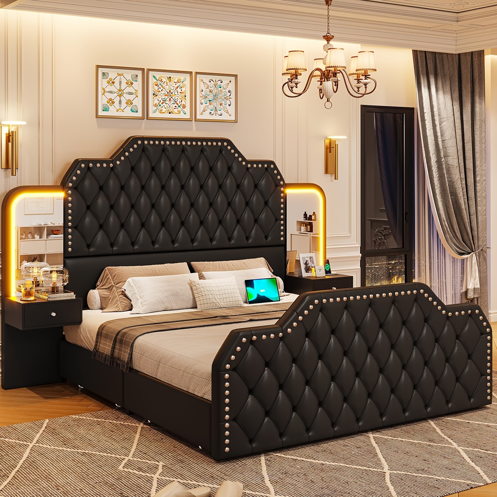 Queen size bed frame with headboard and 4 storage drawers, modern platform bed frame with 2 bedside tables with mirrors