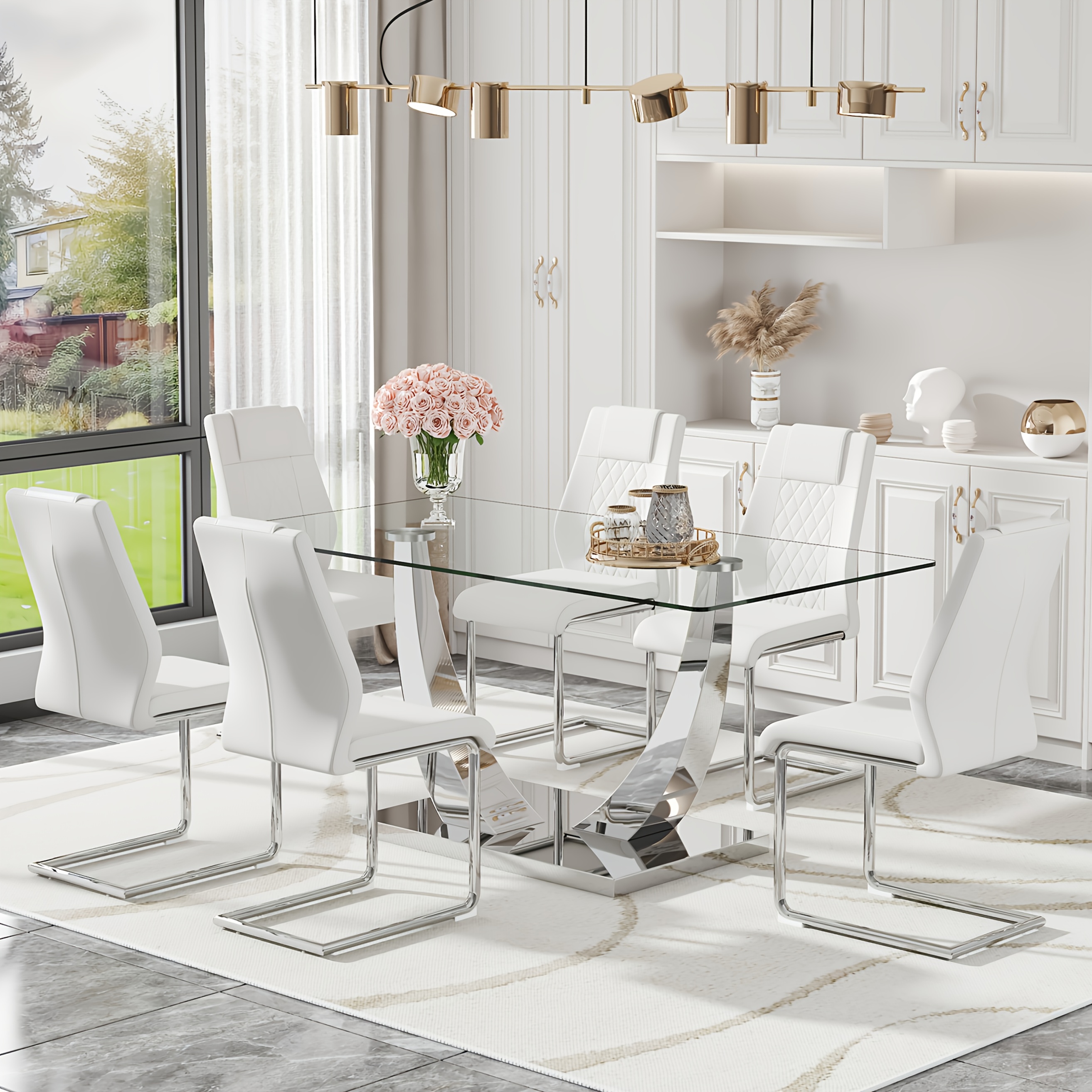 Dining table and chair set.Modern dining table with tempered glass tabletop and silver table legs.Comes with 6 soft and comfortable high-quality PU dining chairs, silver table legs.Suitable for kitchen, living room.Local warehousing