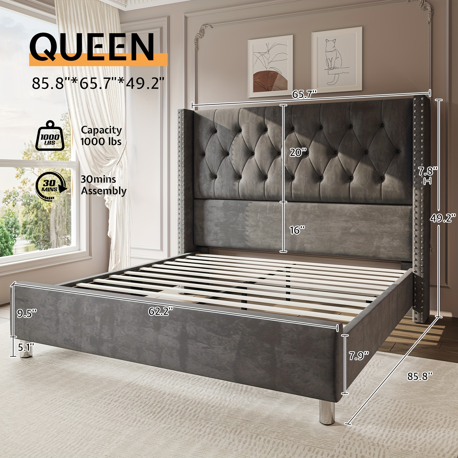 Papajet velvet headboard bed frame, with wing-style headboard, no box mattress required