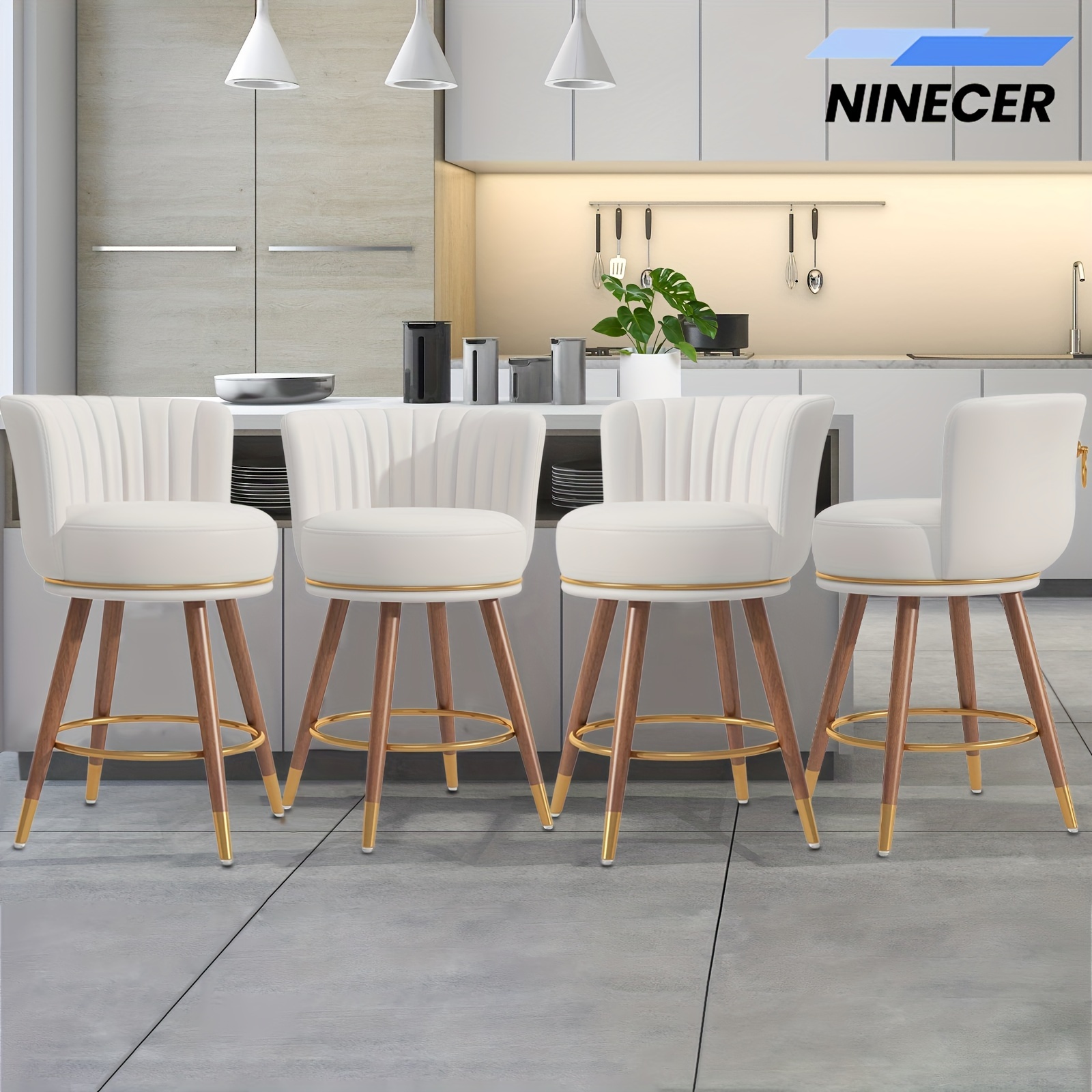Junius 4-piece set of swivel bar stools, 26inch high stools with backrest, 360-degree rotating wooden leg bar chairs, white cushioned kitchen island stools, weight capacity 300 pounds