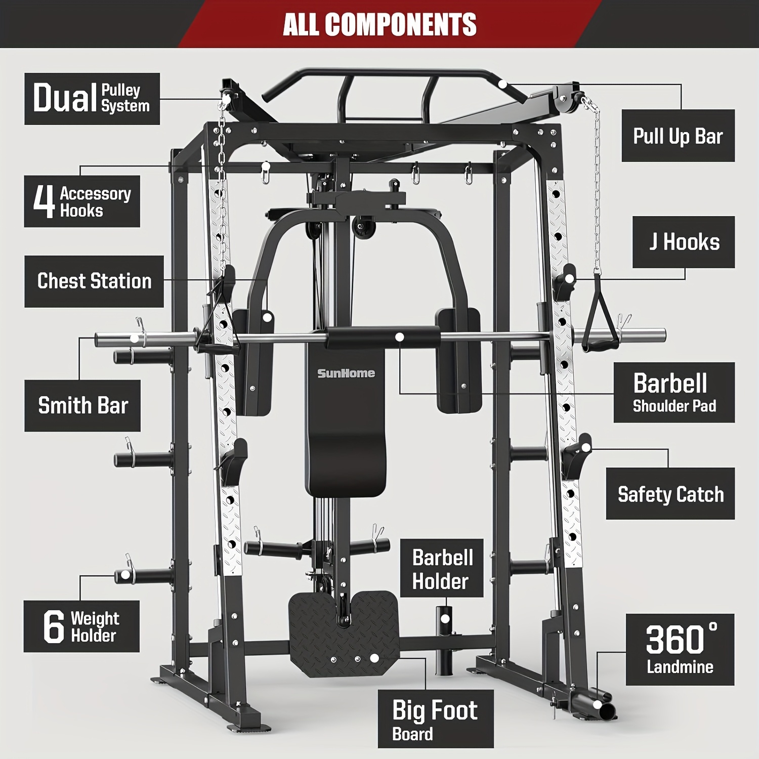 Smith machine power cage squat rack, with Smith bar, dual pull-down system, cross rope machine, and more home fitness accessories (weight plates not included)