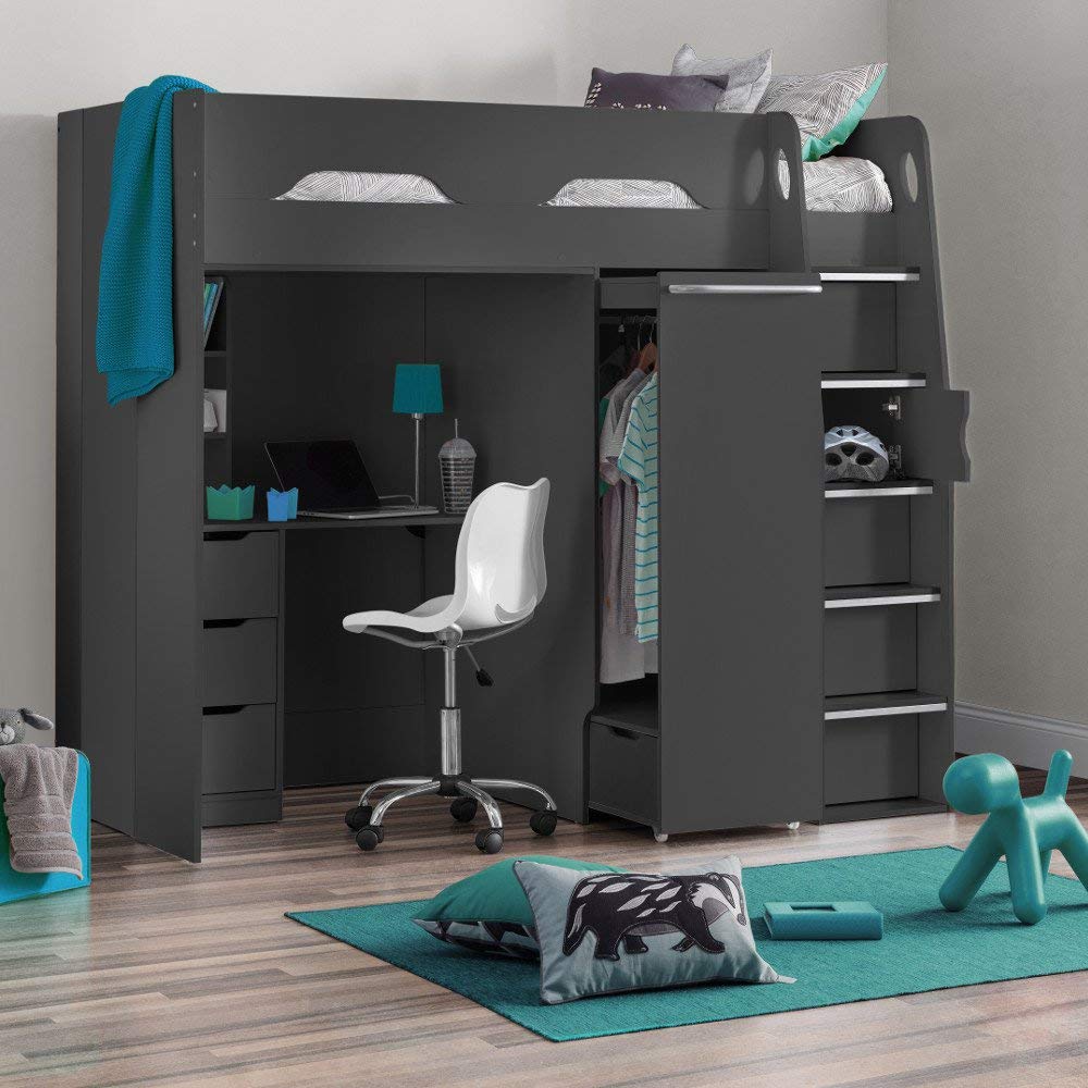 High Sleeper Storage Bed, Pegasus Wood Modern Desk Wardrobe Drawers Cupboards Loft Bunk Frame