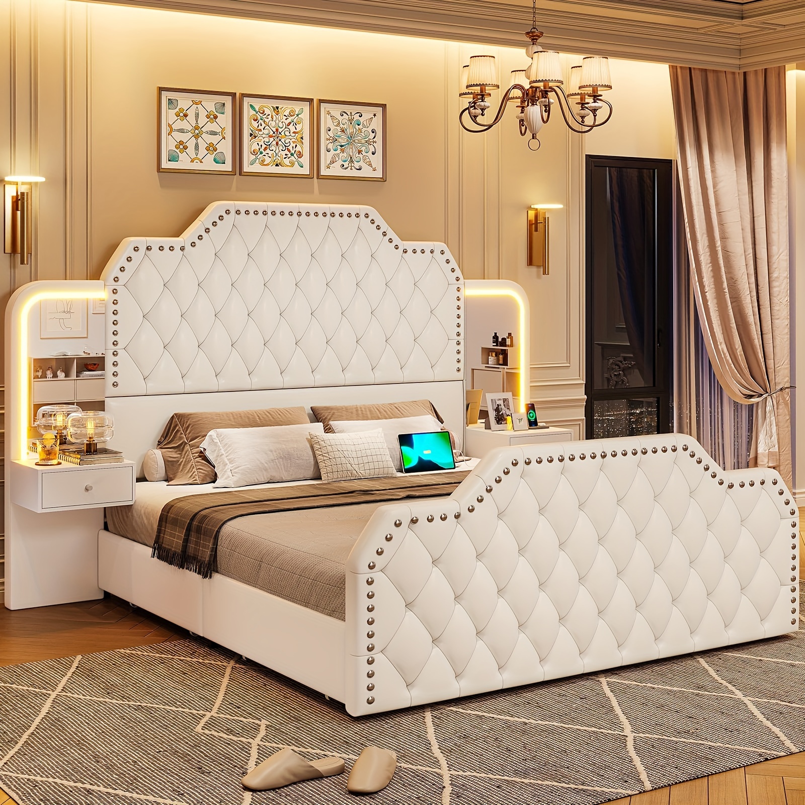 Queen size bed frame with 2 nightstands and mirror| Modern platform bed frame, high 53inch headboard and 4 storage drawers, classic style, metal material