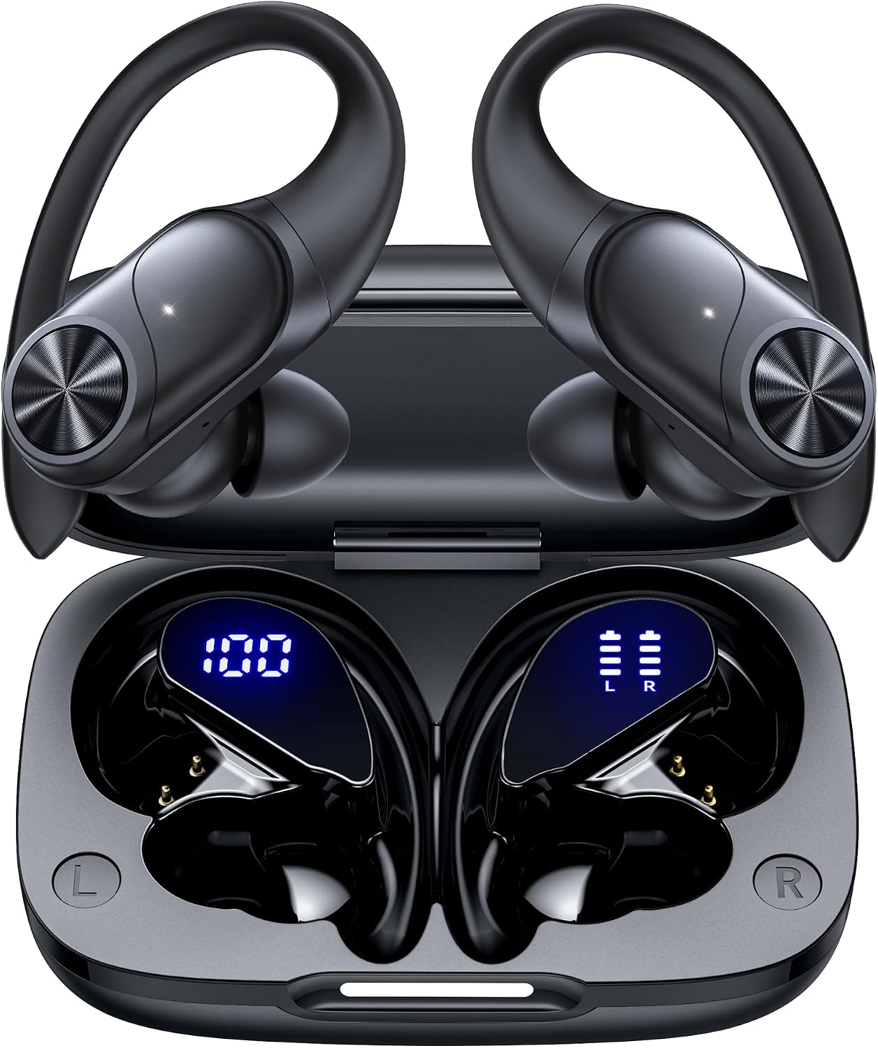 TWS Wireless Earbuds with Earhooks, 80H Playtime IPX7 Waterproof Bluetooth Headphones with Digital LED Display & Wireless Charging Case, Deep Bass Earphones for Sport Running Gym