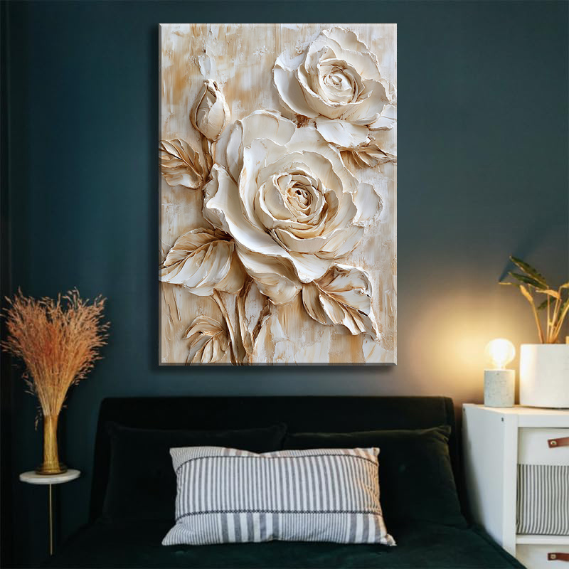 Large White Rose Floral Canvas Art Print – Modern Abstract Wall Decor with Creamy Beige & Brown Textured Design, Perfect for Living Room, Office, or Hallway, Unframed, Ideal Gift for Birthdays, Valentine's Day, and More