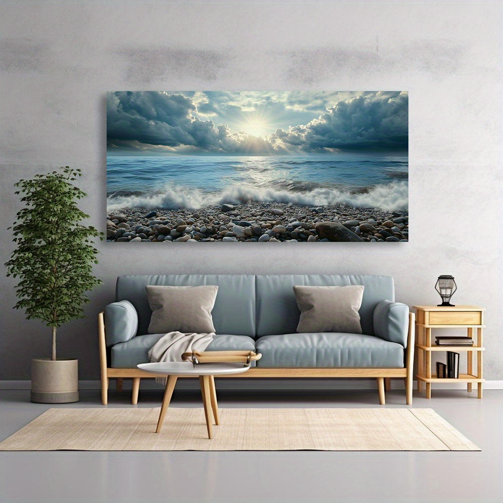 Modern Abstract Coastal Canvas Wall Art - Sunlit Seaside Landscape Painting with 1.5