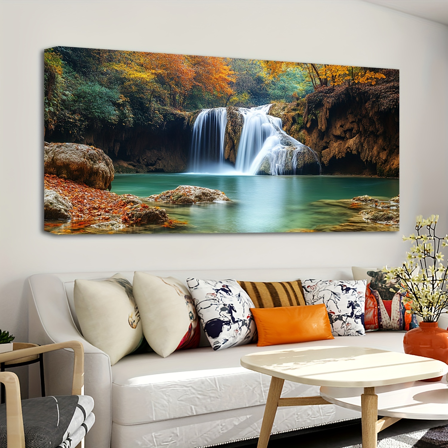 1.5-inch Thick Pine Solid Wood Frame, Forest Mural, Natural Waterfall Landscape Painting, Wall Decoration, Tree Waterfall Landscape Painting, Modern Autumn Landscape Oil Painting, Canvas Print, Bedroom, Bathroom, Home Decoration Artwork