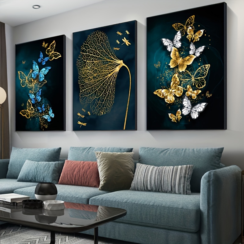 3pcs, Golden Butterfly Leaves Wall Art Canvas Painting for Living Room Decor - 15.7x23.6in/40cmx60cm - Elegant and Stylish