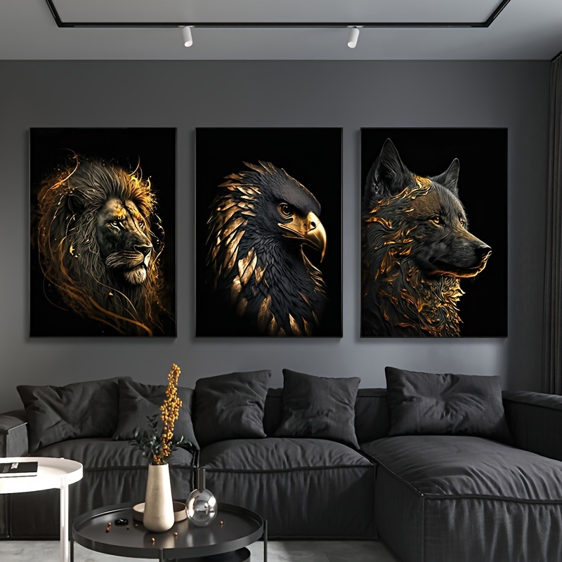 3pcs 15.7*23.6in/40cm*60cm Frameless Abstract The Golden Lion and Eagle Art Painting Wall Art Canvas Painting Art for Living Room Cuadros Decor No Frame