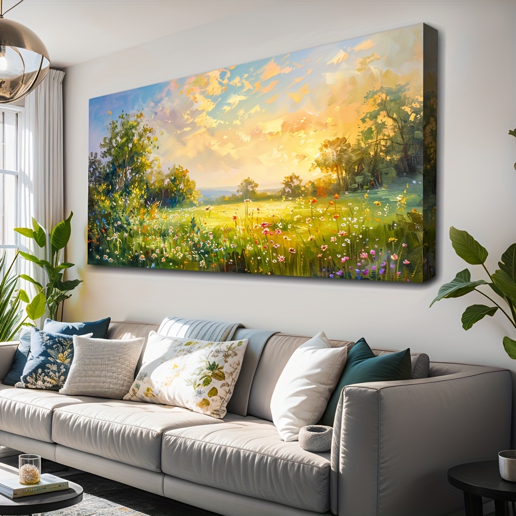 [Home Relaxation] Sunset Meadow Landscape Canvas Art with Wooden Frame - 1.5