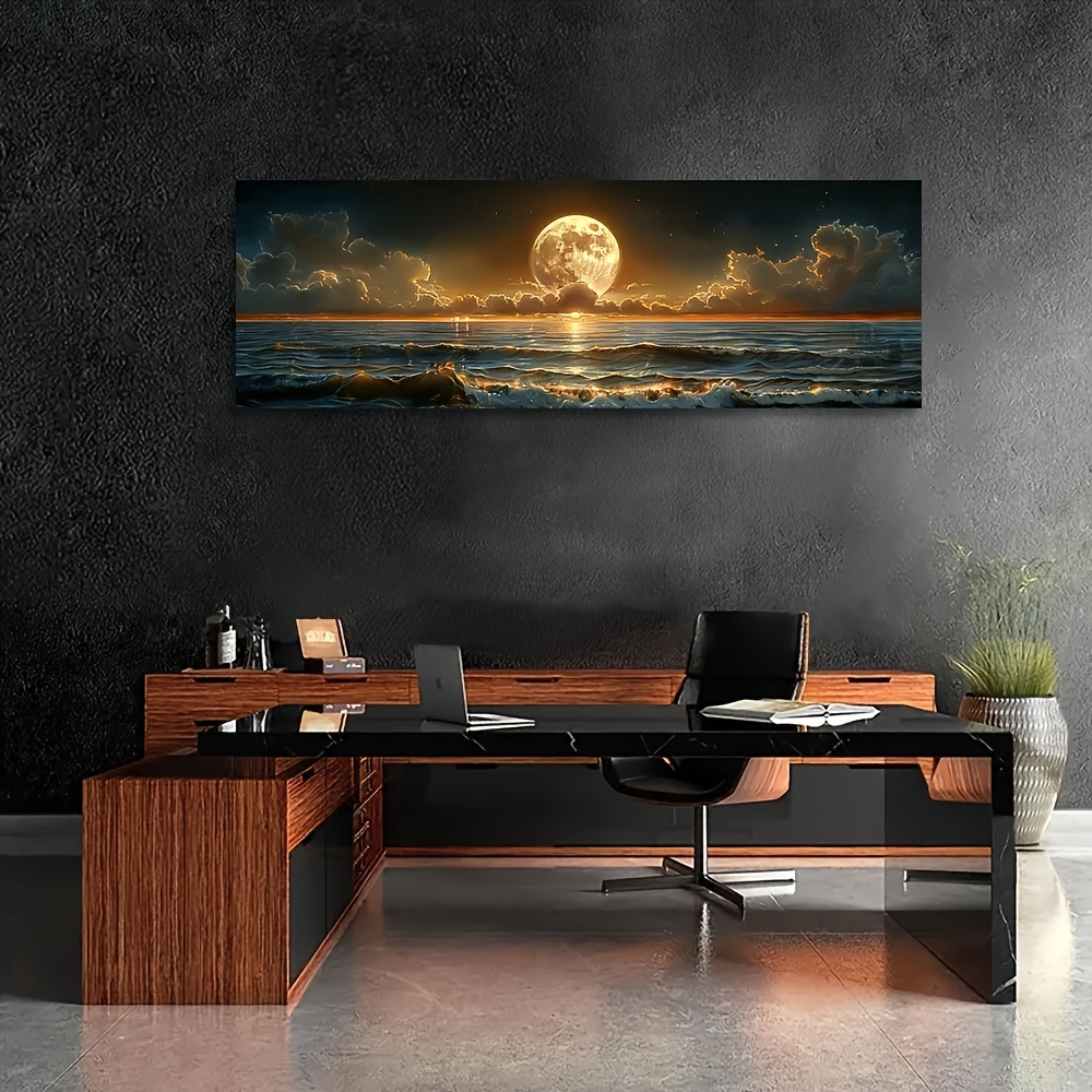 Classic Retro Farmhouse Style Moonlit Sea Landscape Canvas Poster Art Print, Frameless Transverse Wall Decor For Kitchen, Home Office, Bathroom, Living Room, Bedroom - Indoor & Outdoor Suitable