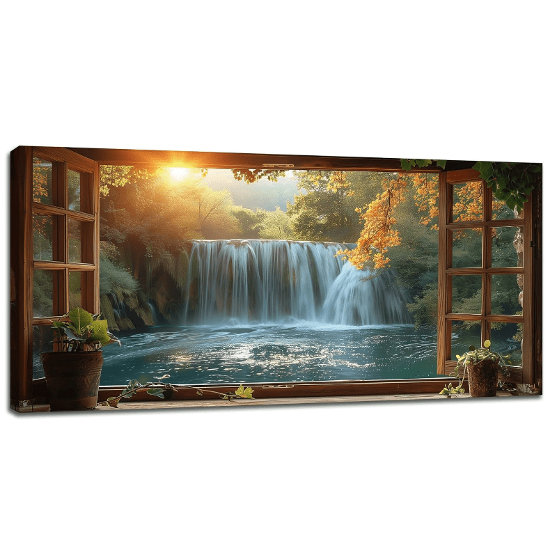 Wall Art Canvas Painting Waterfall Trees Plants Flowers Sunshine Scenery Out of Window 1 Piece Modern Window Scenery Poster Print Framed and Stretched Ready to Hang for Living Room Bedroom Office Artwork Wooden Frame - Thickness 1.5inch