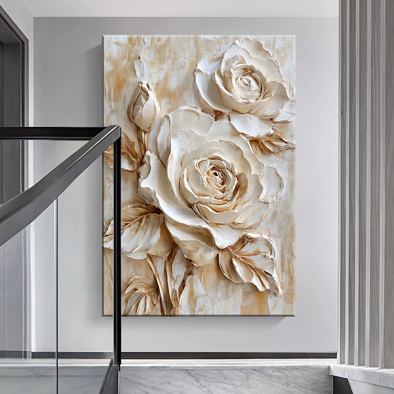 Large White Rose Floral Canvas Art Print – Modern Abstract Wall Decor with Creamy Beige & Brown Textured Design, Perfect for Living Room, Office, or Hallway, Unframed, Ideal Gift for Birthdays, Valentine's Day, and More