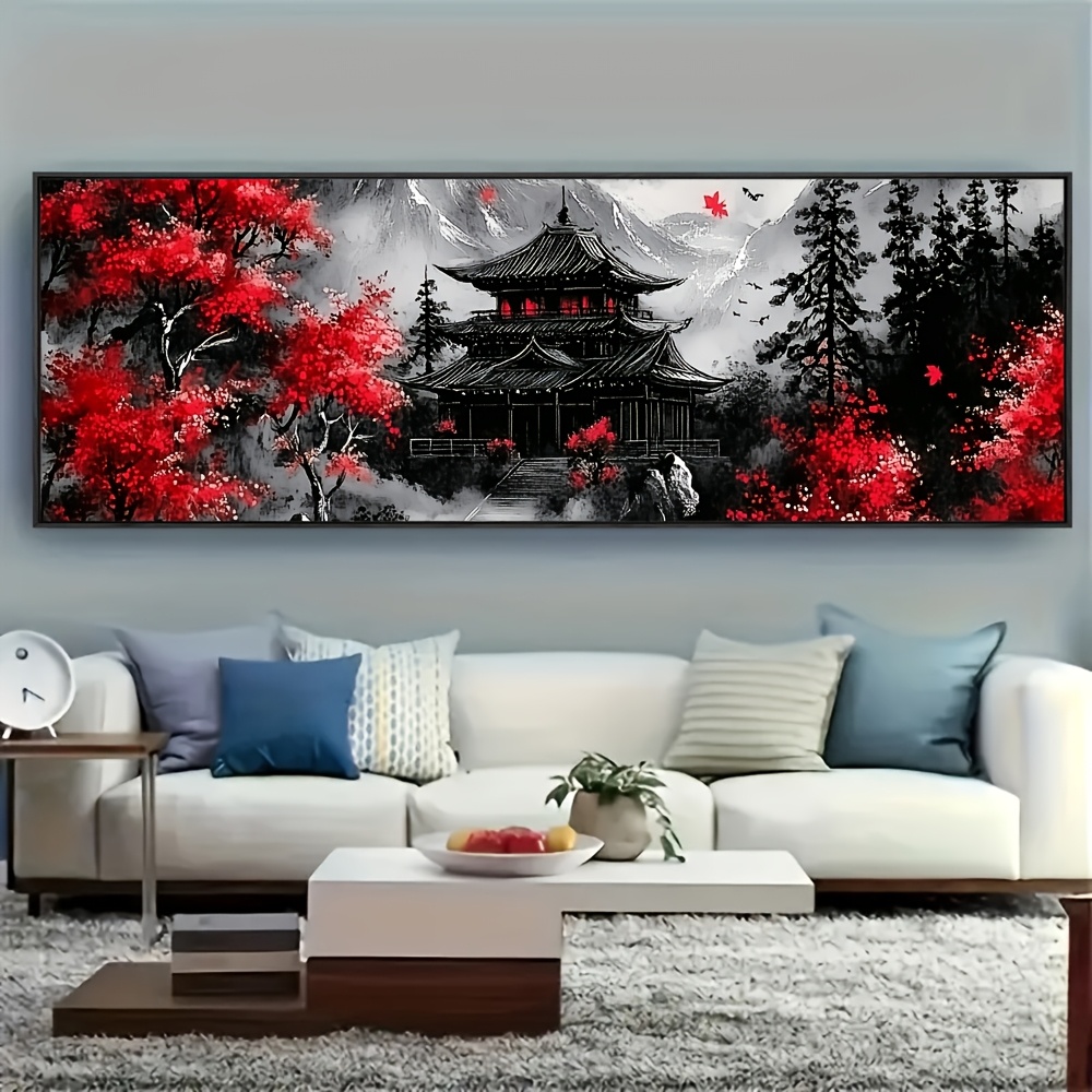 [Everyday Comfort] Modern Abstract Mountain Landscape Canvas Art Print, High-Contrast Black, White & Red Ink Wall Decor, Frameless Poster for Living Room, Bedroom, Home Office, Classroom, Bathroom - Indoor Transverse Orientation