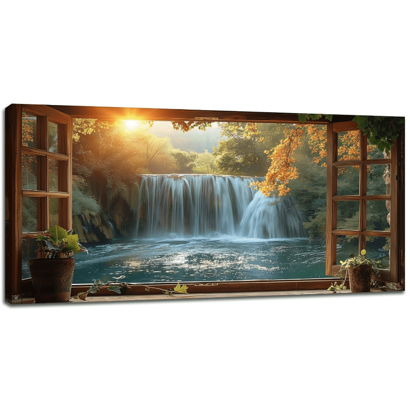 Wall Art Canvas Painting Waterfall Trees Plants Flowers Sunshine Scenery Out of Window 1 Piece Modern Window Scenery Poster Print Framed and Stretched Ready to Hang for Living Room Bedroom Office Artwork Wooden Frame - Thickness 1.5inch