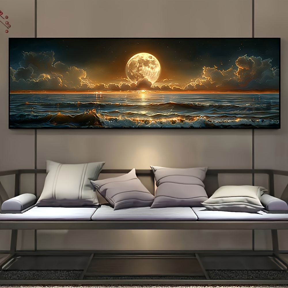 Classic Retro Farmhouse Style Moonlit Sea Landscape Canvas Poster Art Print, Frameless Transverse Wall Decor For Kitchen, Home Office, Bathroom, Living Room, Bedroom - Indoor & Outdoor Suitable