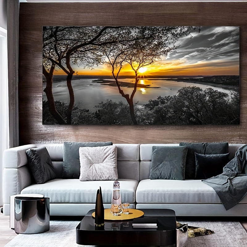 Modern Black White Sunset Canvas Wall Art - Wooden Framed Landscape Print, Contemporary Home Office Decor for Living Room Bedroom Bathroom (16x24 Inch)