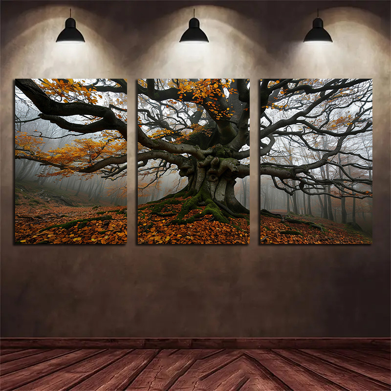 Mounting a Set of 3 Canvas Wall to Art Wall Decoration for Bedroom Living Room, Home Decoration an Old Tree in the Misty Forest Has Thick Branches, Reaching out to Contact Each Other Ay3770