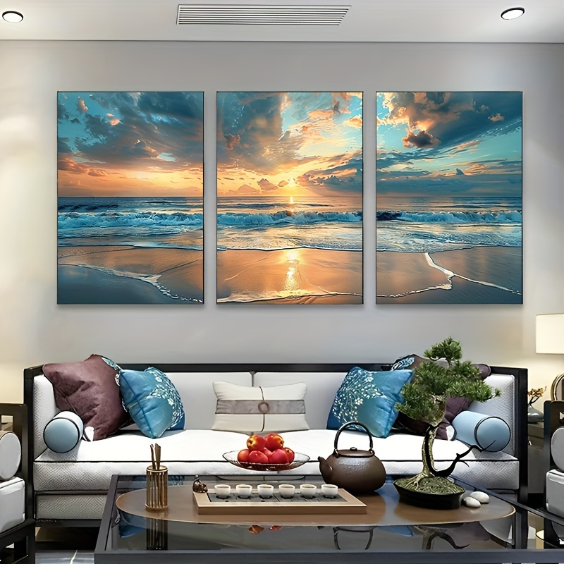 2D Flat, 3pcs Painting Sunrise And Beach Wall Art Prints, Wrapped Canvas Art Paintings, Suitable For Home Decoration, Living Room And Bedroom, Office, Coffee Shop, Holiday Party Wall Decoration, Spring Decoration, Easter Decoration, Perfect Gift