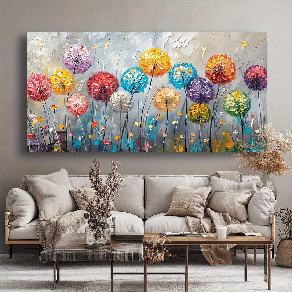 Canvas Wall Art Colorful Dandelion Field Abstract Painting 1.5-inch Framed Picture Bathroom Kitchen Office Bedroom Living Room Wall Decor Flower Prints Modern Home Decoration