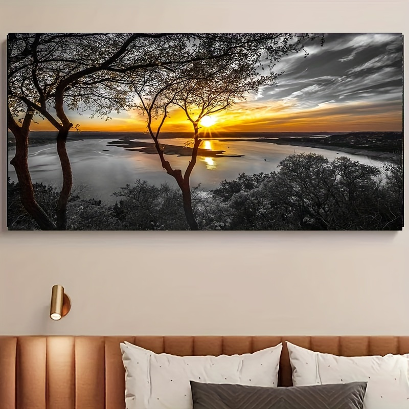 Modern Black White Sunset Canvas Wall Art - Wooden Framed Landscape Print, Contemporary Home Office Decor for Living Room Bedroom Bathroom (16x24 Inch)