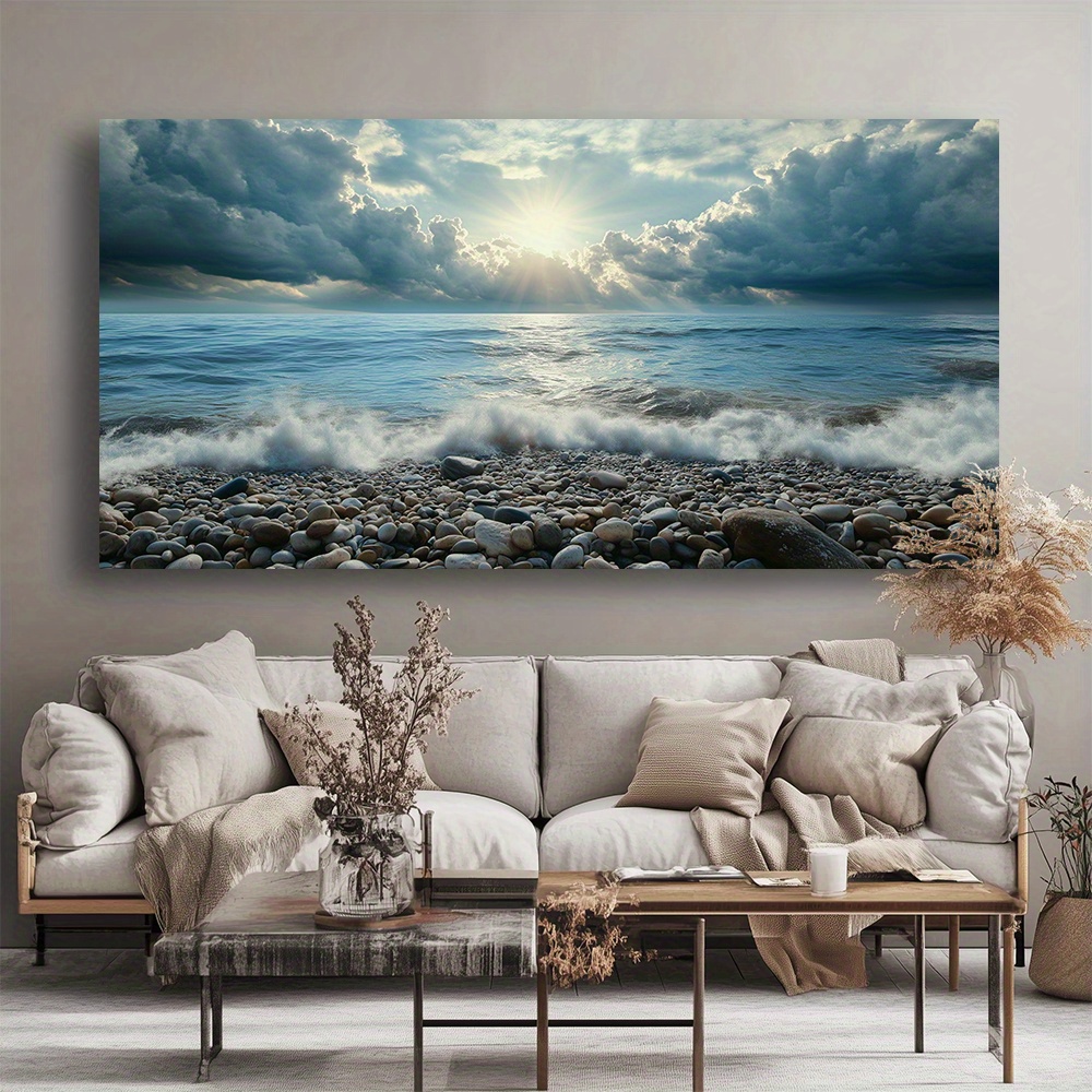 Modern Abstract Coastal Canvas Wall Art - Sunlit Seaside Landscape Painting with 1.5