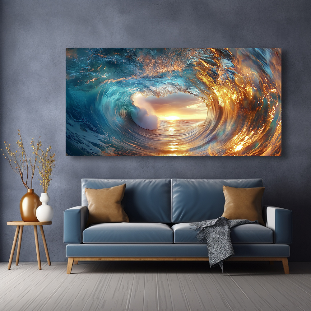 Modern Abstract Sunset Ocean Wave Canvas Wall Art - 1.5-inch Framed Wooden Picture, Vibrant Blue & Golden Landscape Painting for Living Room, Bedroom, Or Office Decor - High-Quality Print on Wrapped Canvas, Large Canvas Wall Art