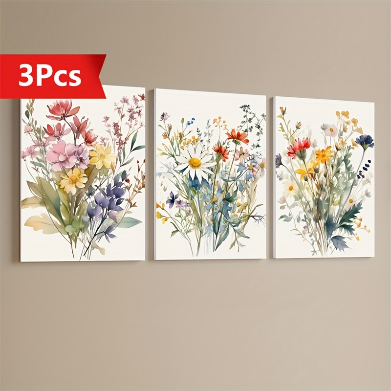 Wildflower Watercolors 3pcs/Set Thickened Framed Canvas Painting - Bedroom and Living Room Home Decor Wall Art