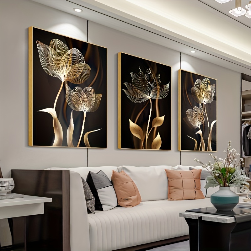 3pcs Unframed Black Canvas Poster, Golden Flower Wall Art for Living Room Decor - Modern Abstract Design, 15.7x23.6in/40x60cm