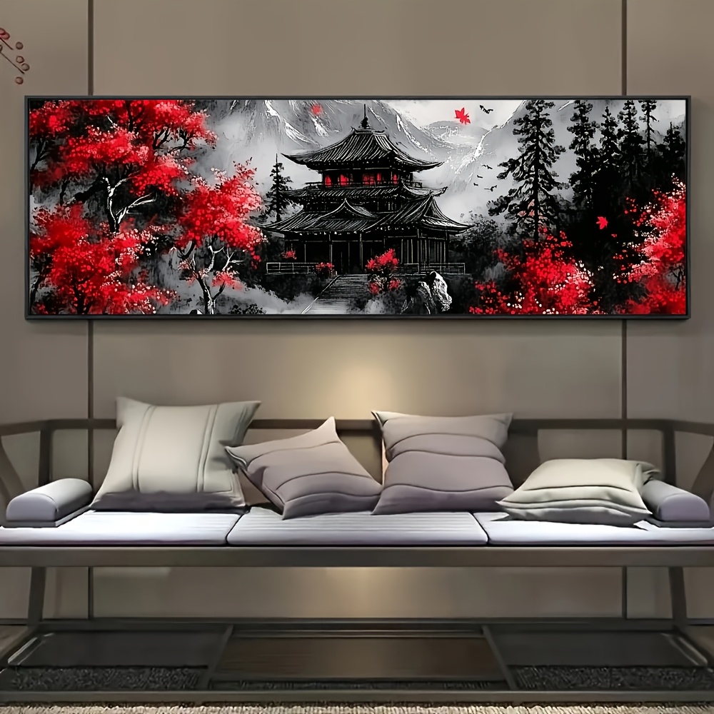 [Everyday Comfort] Modern Abstract Mountain Landscape Canvas Art Print, High-Contrast Black, White & Red Ink Wall Decor, Frameless Poster for Living Room, Bedroom, Home Office, Classroom, Bathroom - Indoor Transverse Orientation