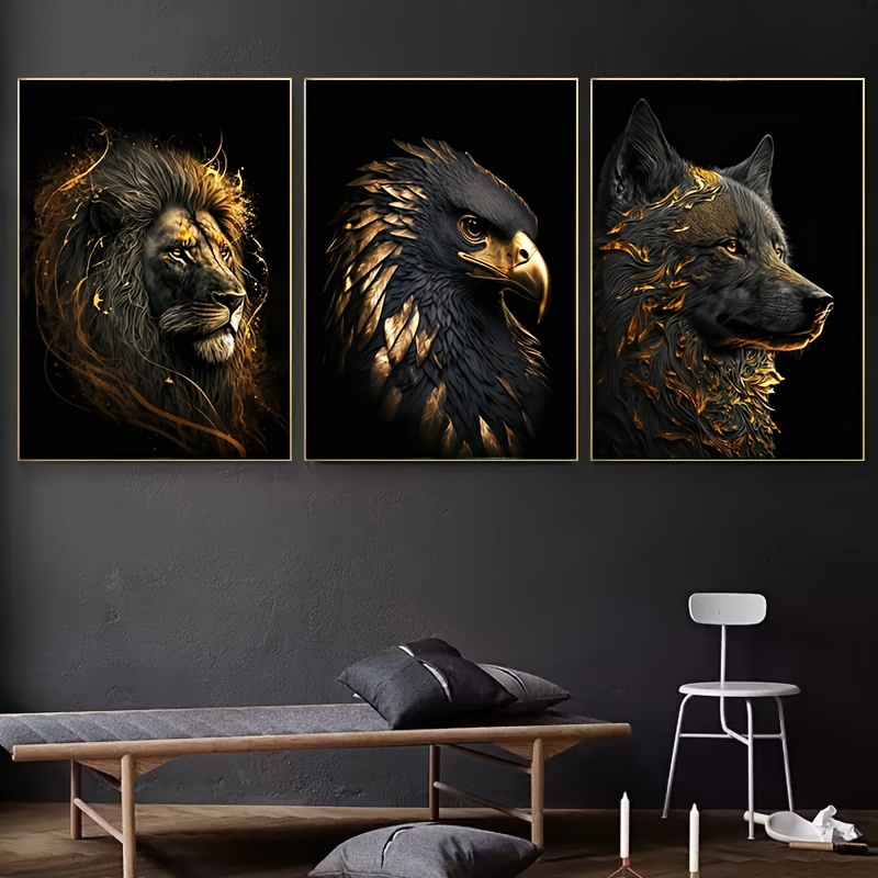 3pcs 15.7*23.6in/40cm*60cm Frameless Abstract The Golden Lion and Eagle Art Painting Wall Art Canvas Painting Art for Living Room Cuadros Decor No Frame