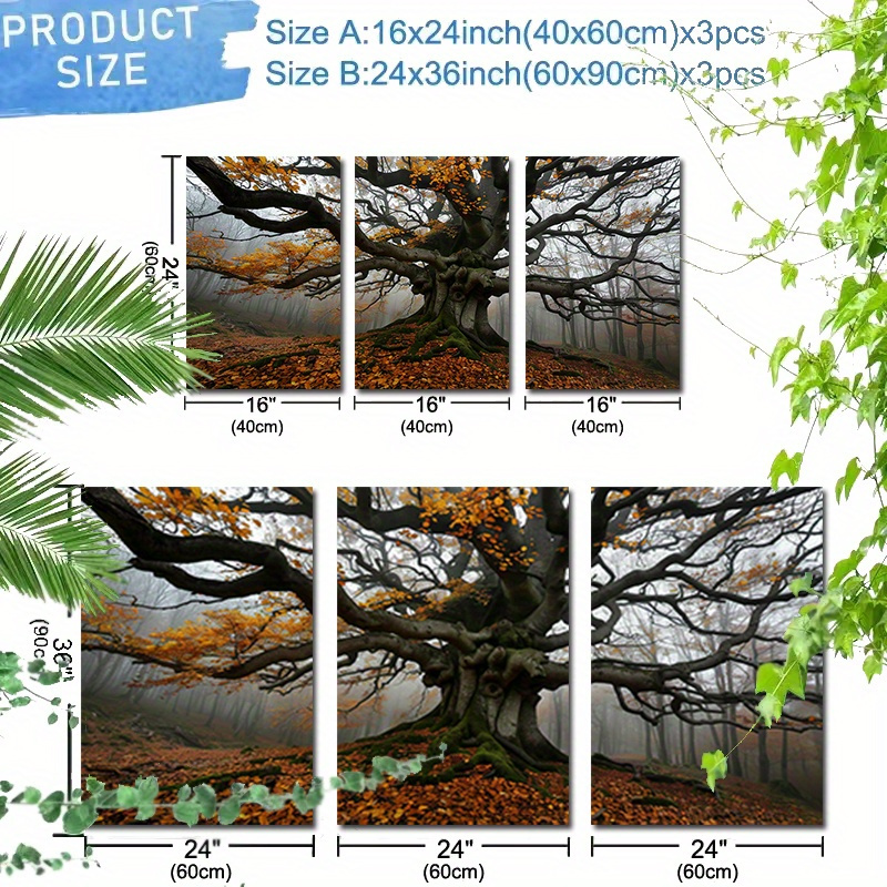 Mounting a Set of 3 Canvas Wall to Art Wall Decoration for Bedroom Living Room, Home Decoration an Old Tree in the Misty Forest Has Thick Branches, Reaching out to Contact Each Other Ay3770