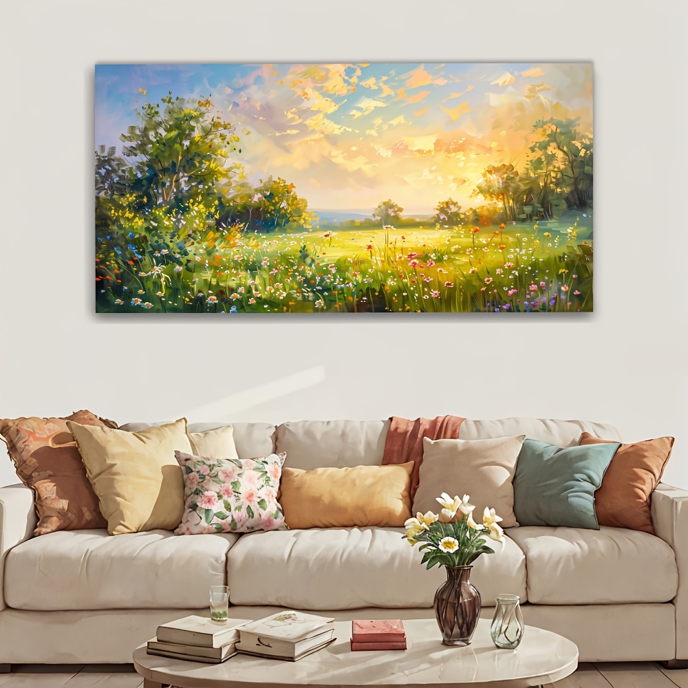 [Home Relaxation] Sunset Meadow Landscape Canvas Art with Wooden Frame - 1.5