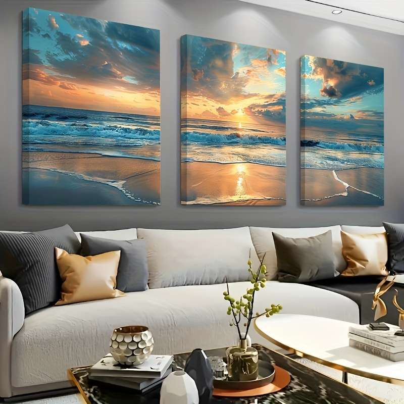 2D Flat, 3pcs Painting Sunrise And Beach Wall Art Prints, Wrapped Canvas Art Paintings, Suitable For Home Decoration, Living Room And Bedroom, Office, Coffee Shop, Holiday Party Wall Decoration, Spring Decoration, Easter Decoration, Perfect Gift