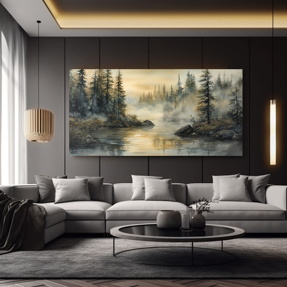 Canvas Wall Art Foggy River Forest Modern Abstract Painting 1.5-inch Framed Picture Living Room Bedroom Office Home Decoration High Quality Print on Canvas