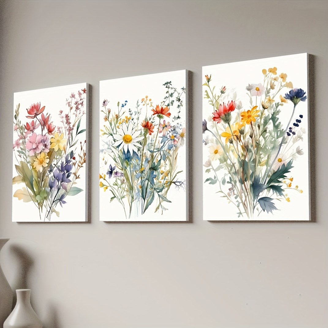 Wildflower Watercolors 3pcs/Set Thickened Framed Canvas Painting - Bedroom and Living Room Home Decor Wall Art