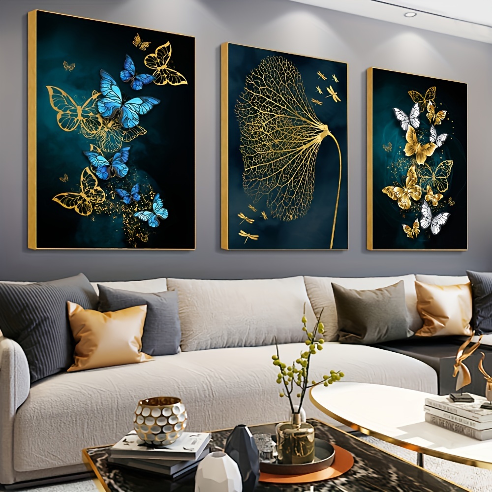 3pcs, Golden Butterfly Leaves Wall Art Canvas Painting for Living Room Decor - 15.7x23.6in/40cmx60cm - Elegant and Stylish