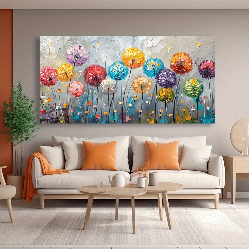 Canvas Wall Art Colorful Dandelion Field Abstract Painting 1.5-inch Framed Picture Bathroom Kitchen Office Bedroom Living Room Wall Decor Flower Prints Modern Home Decoration