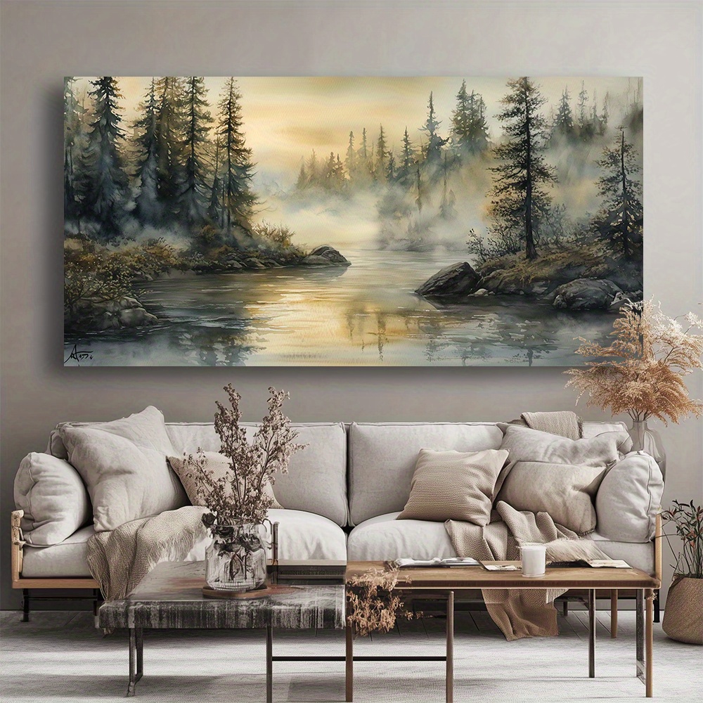 Canvas Wall Art Foggy River Forest Modern Abstract Painting 1.5-inch Framed Picture Living Room Bedroom Office Home Decoration High Quality Print on Canvas