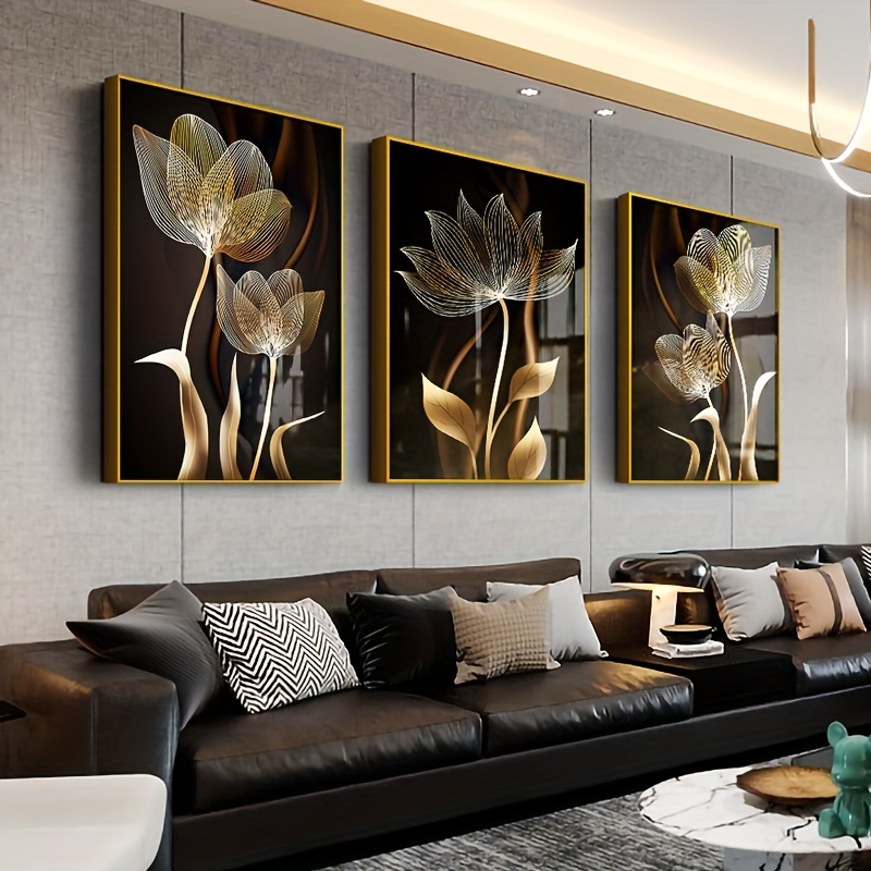 3pcs Unframed Black Canvas Poster, Golden Flower Wall Art for Living Room Decor - Modern Abstract Design, 15.7x23.6in/40x60cm