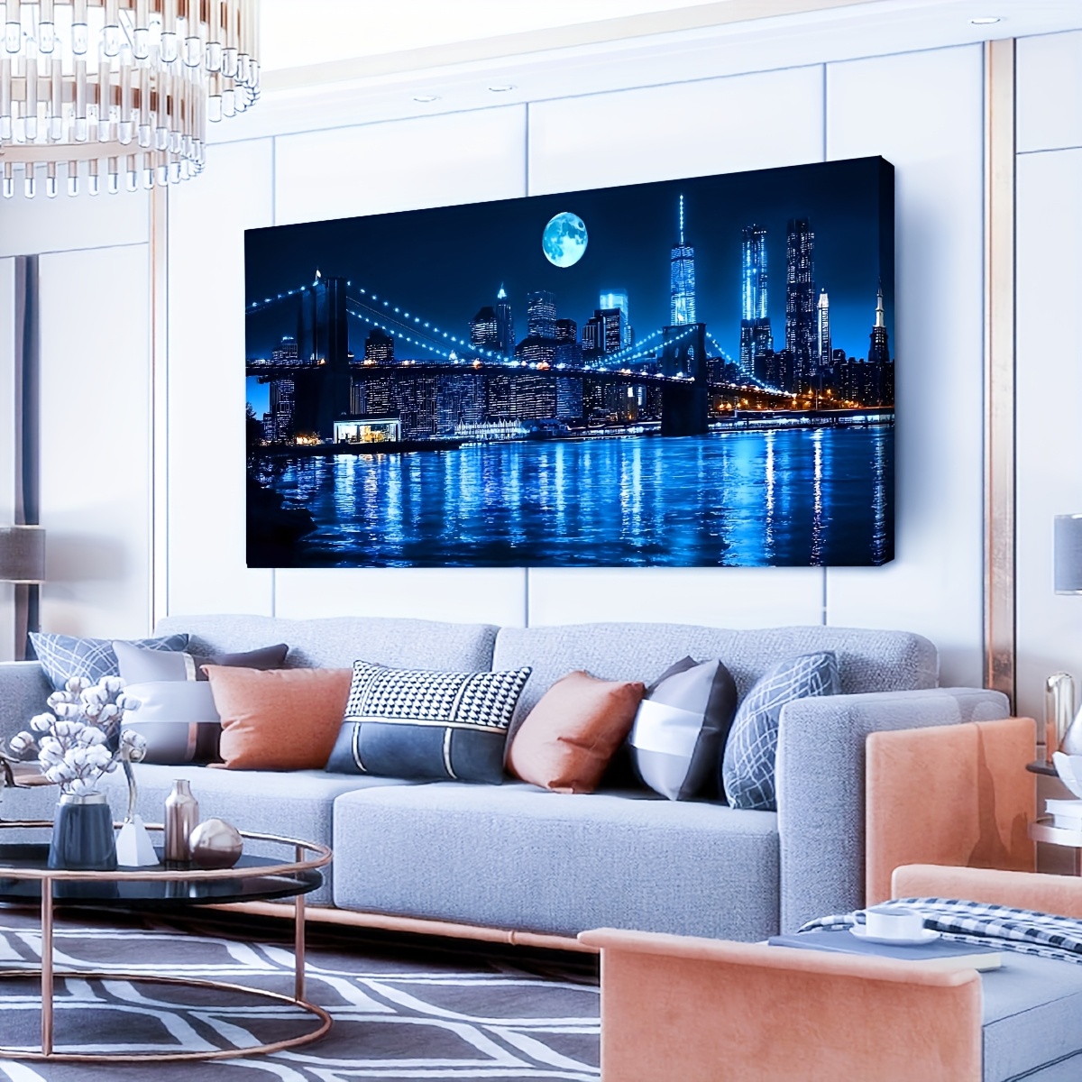 Urban Landscape Wall Art, Modern Art Deco Style, Dark Blue Canvas Print, Modern Home Decoration, Suitable For Hanging Living Room Bedroom Study, Solid Wood Inner Frame