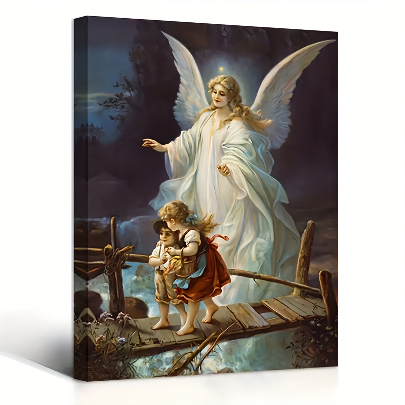 1pc Framed Religious Canvas Painting, Guardian Angel Painting On Canvas Wall Art, Inspirational Artwork Wall Canvas Painting For Bathroom Bedroom Office Living Room Home Wall Decor