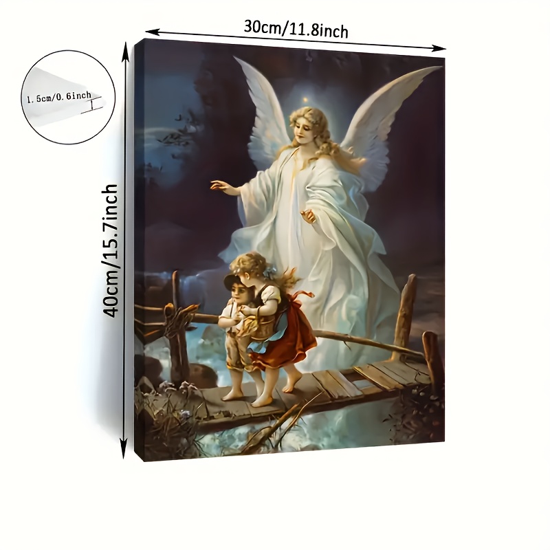 1pc High-Definition Guardian Angel Canvas Wall Art - Vibrant Religious Painting, Wooden Frame, Perfect Durable Decor for Bathroom, Bedroom, Office, Or Living Room