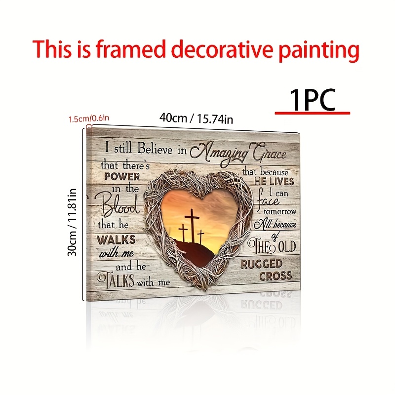 Wood Framed Canvas Wall Art - Inspirational Sunset Landscape, Heart Wreath & Cross, Ready to Hang, 1pc Christian Gift for Home Decor
