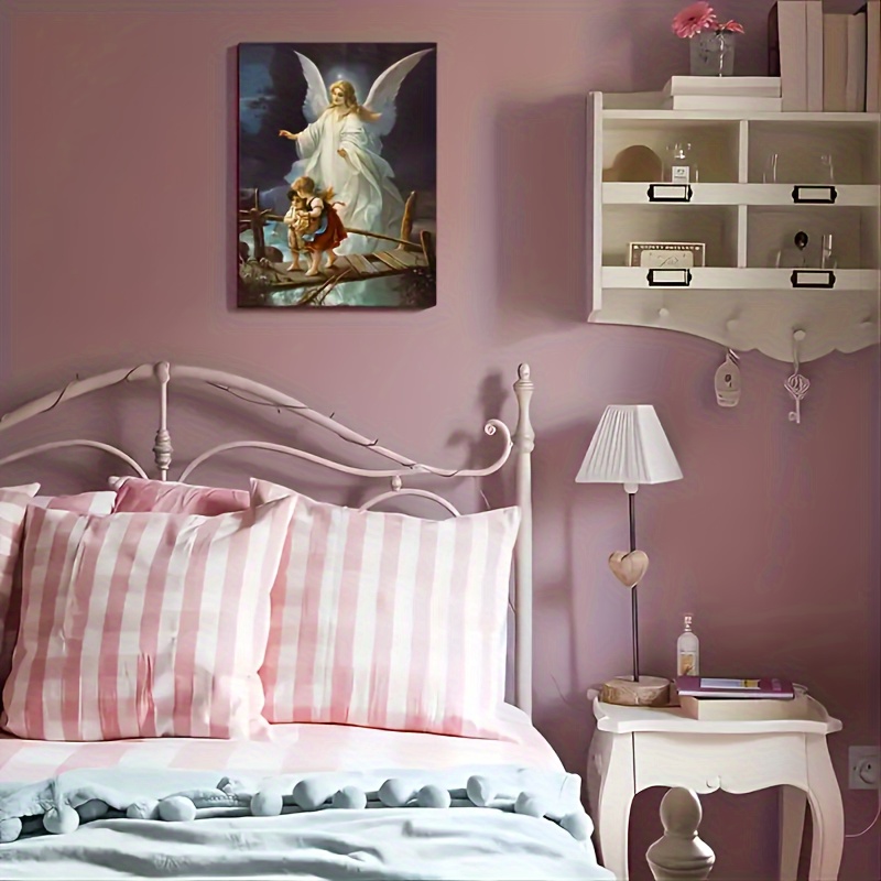 1pc High-Definition Guardian Angel Canvas Wall Art - Vibrant Religious Painting, Wooden Frame, Perfect Durable Decor for Bathroom, Bedroom, Office, Or Living Room