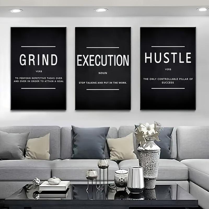 3pcs Ordorless Waterproof Canvas Poster, Modern Grind Execution Hustle Motivational Unframed Wall Art, Gift For Friends, For Living Room, Bedroom, Office, Kitchen Wall Art Decor, Print, Artwork, No Frame