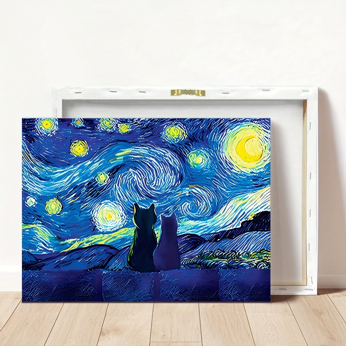 1pc Wooden Frame 12x16in Vibrant Starry Night Cat Canvas Wall Art - Colorful Abstract Farmhouse Room Classroom Decor With Spiral Night Sky Design Ready To Hang