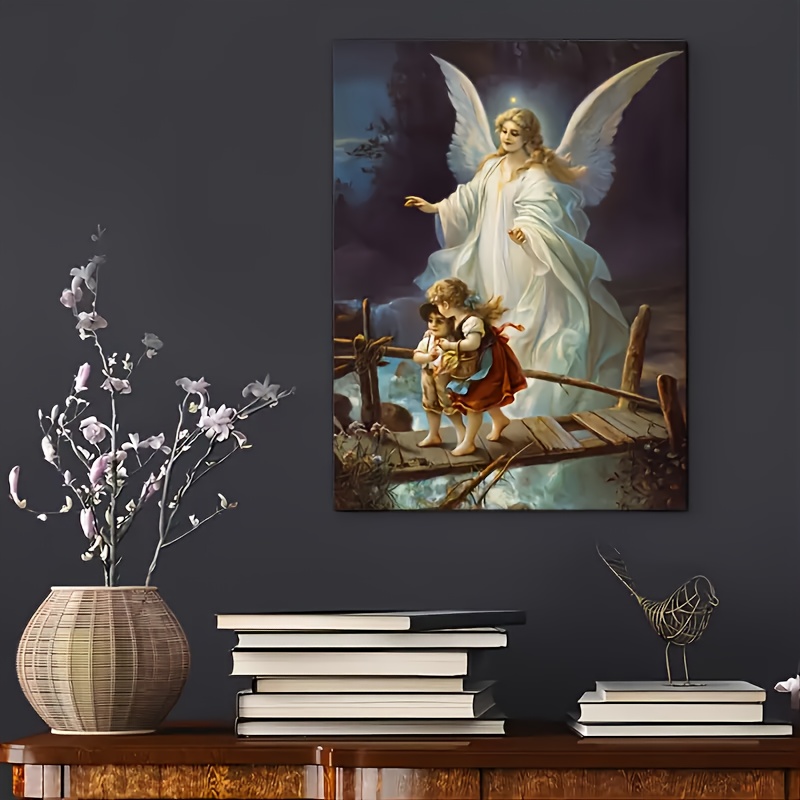 1pc Framed Religious Canvas Painting, Guardian Angel Painting On Canvas Wall Art, Inspirational Artwork Wall Canvas Painting For Bathroom Bedroom Office Living Room Home Wall Decor
