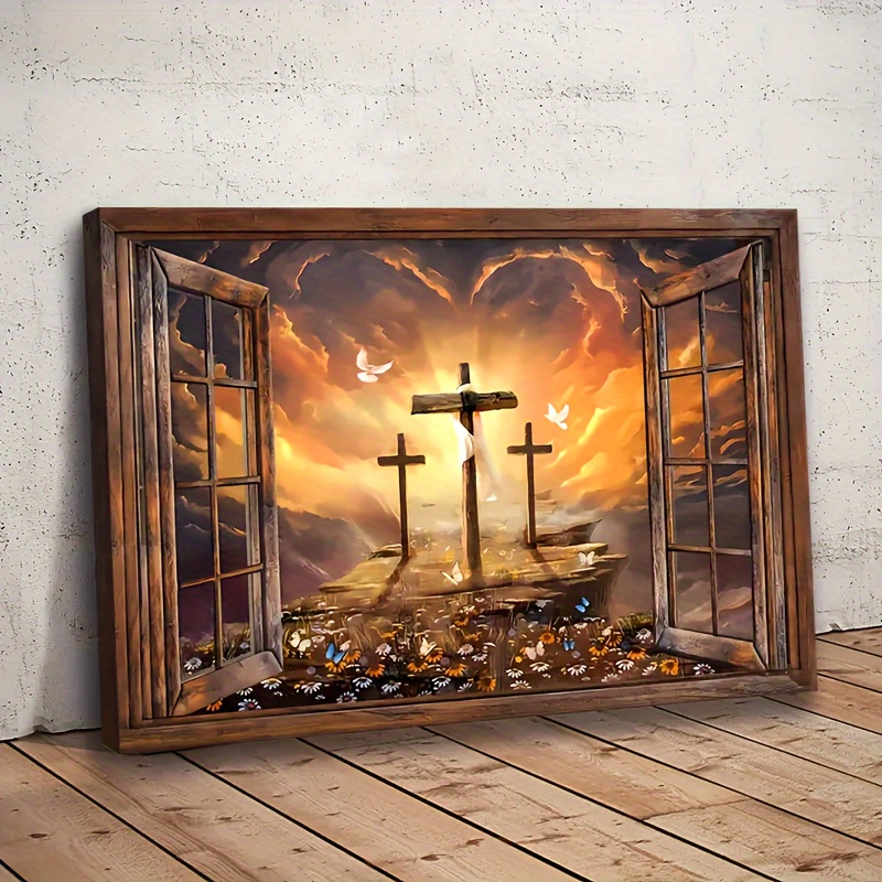 Path to Heaven Canvas Print - 1pc Sunset Landscape Art, Jesus The Three Crosses, No Frame, Home Decor Wall Art