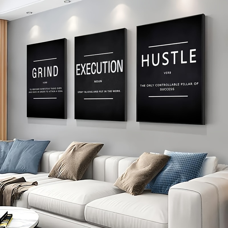 3pcs Ordorless Waterproof Canvas Poster, Modern Grind Execution Hustle Motivational Unframed Wall Art, Gift For Friends, For Living Room, Bedroom, Office, Kitchen Wall Art Decor, Print, Artwork, No Frame